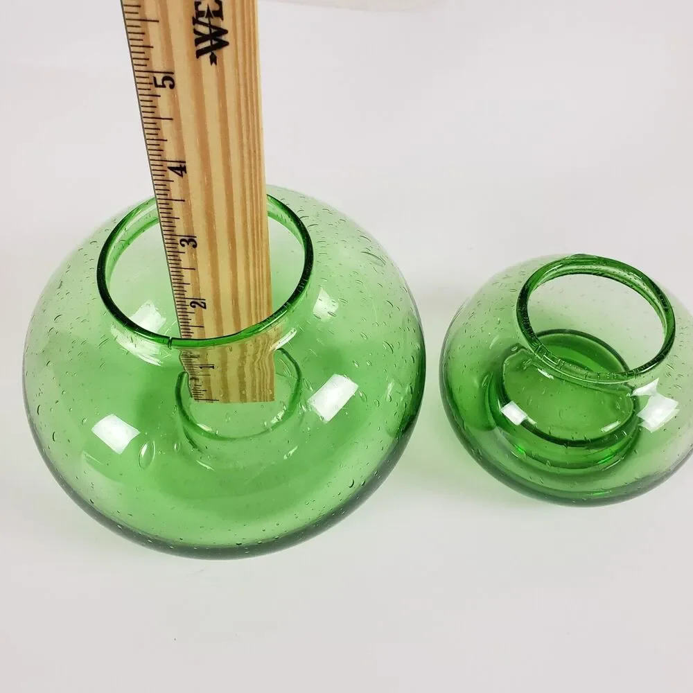 2Pc Art Glass Green Vase Votive Candle Holder Hand Blown Seeded Bubble Reversibl
